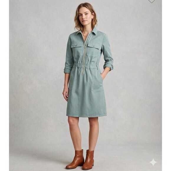 J. Crew Dresses & Skirts - J. Crew Dress  Womens  Zip Front Chino 8  Long Sleeve Gree Granolagirl Academia